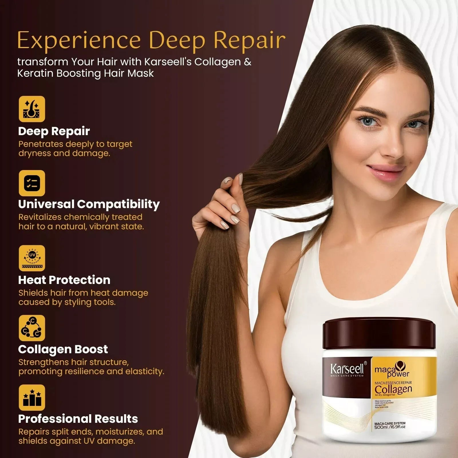 Karseell Collagen Hair Treatment Deep Repair Conditioning Argan Oil Collagen Hair Mask Essence for Dry Damaged Hair All Hair Types 16.90 oz 500ml